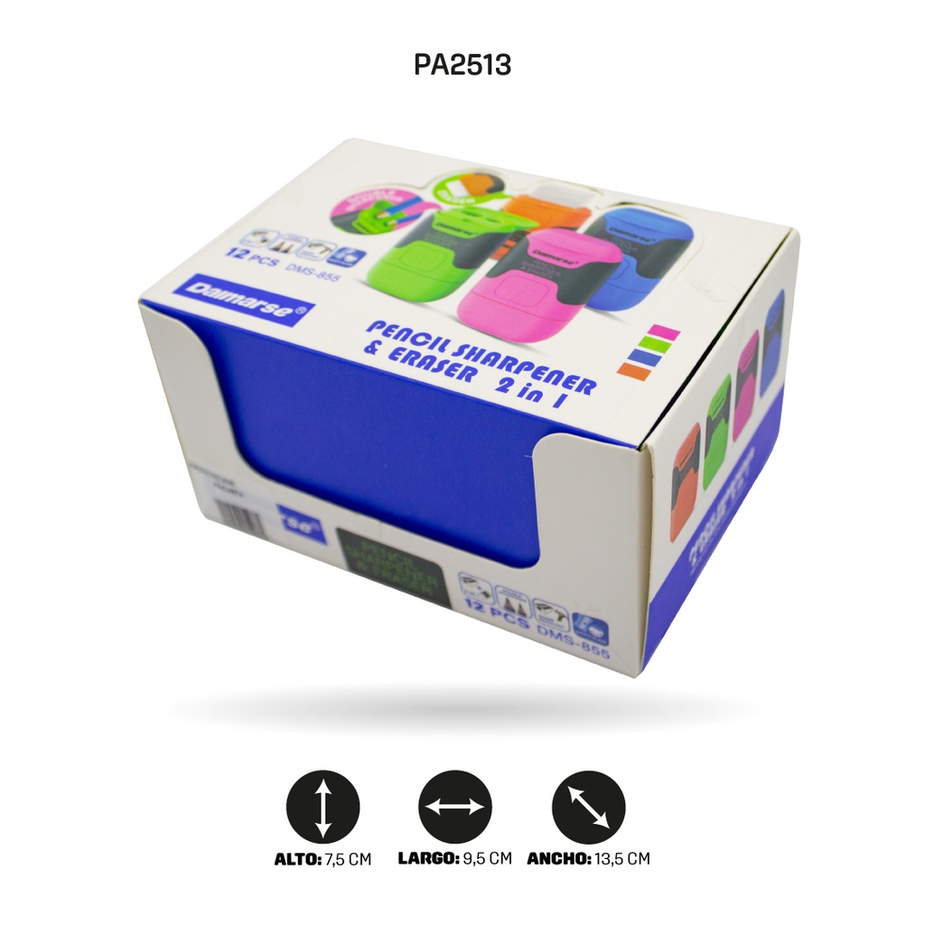 SACAPUNTAS DOBLE CON BORRADOR COLOR NEÓN DISPLAY X12 UNDDMS-855 [PAC4874]