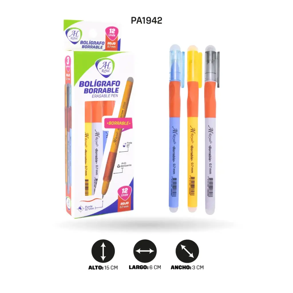 BOLIGRAFO AH ROYAL BORRABLE  ROJO CON ANTIDESLIZANTE [PAC4553] DISPLAY X 12