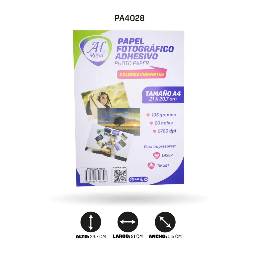 PAPEL FOTOGRAFICO AH ROYAL A4 ADHESIVO 135GRS X 20 HOJAS [PAC3622-4028]