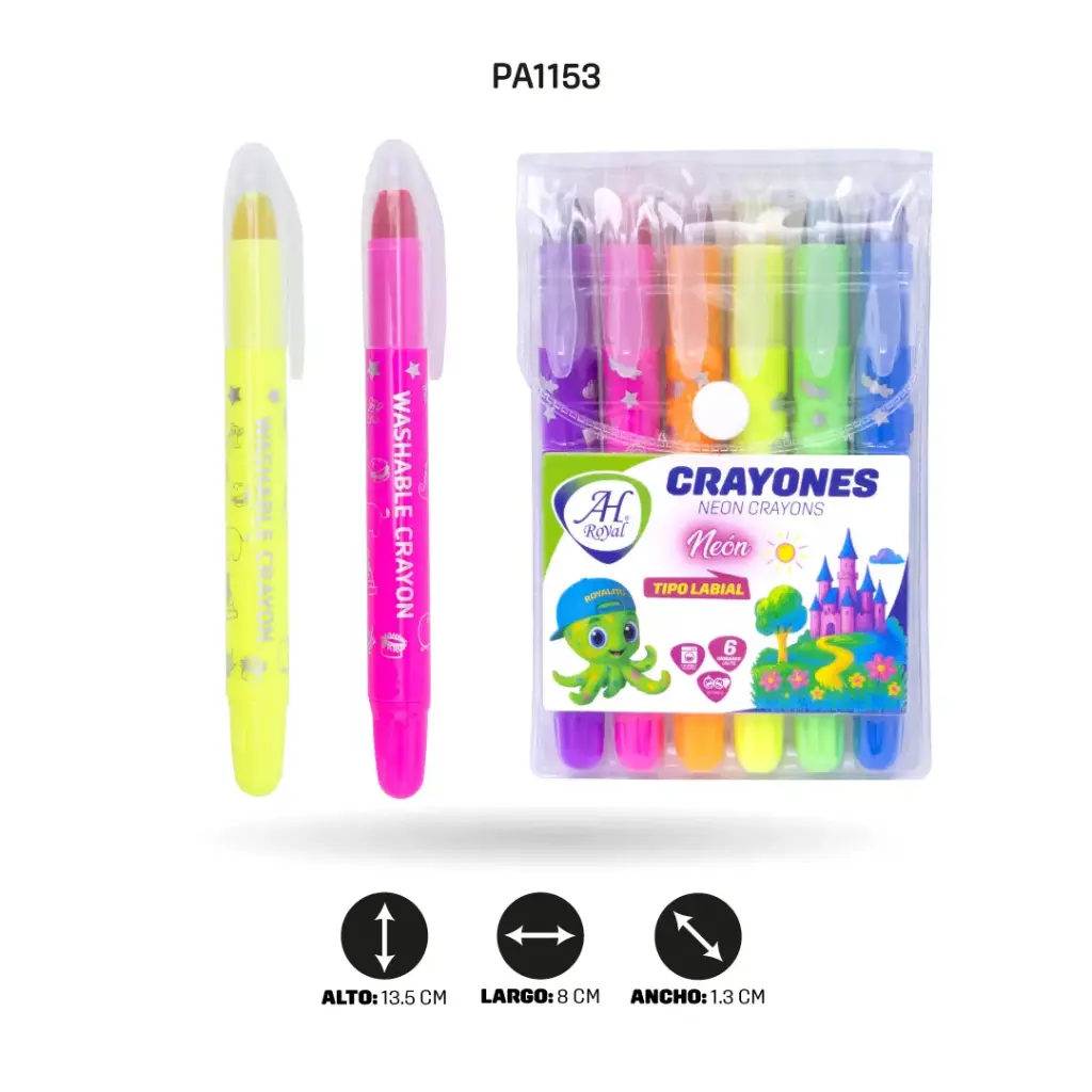 CRAYÓN AH ROYAL TIPO LABIAL X6 LAVABLE COLORES NEON [PAC4062]