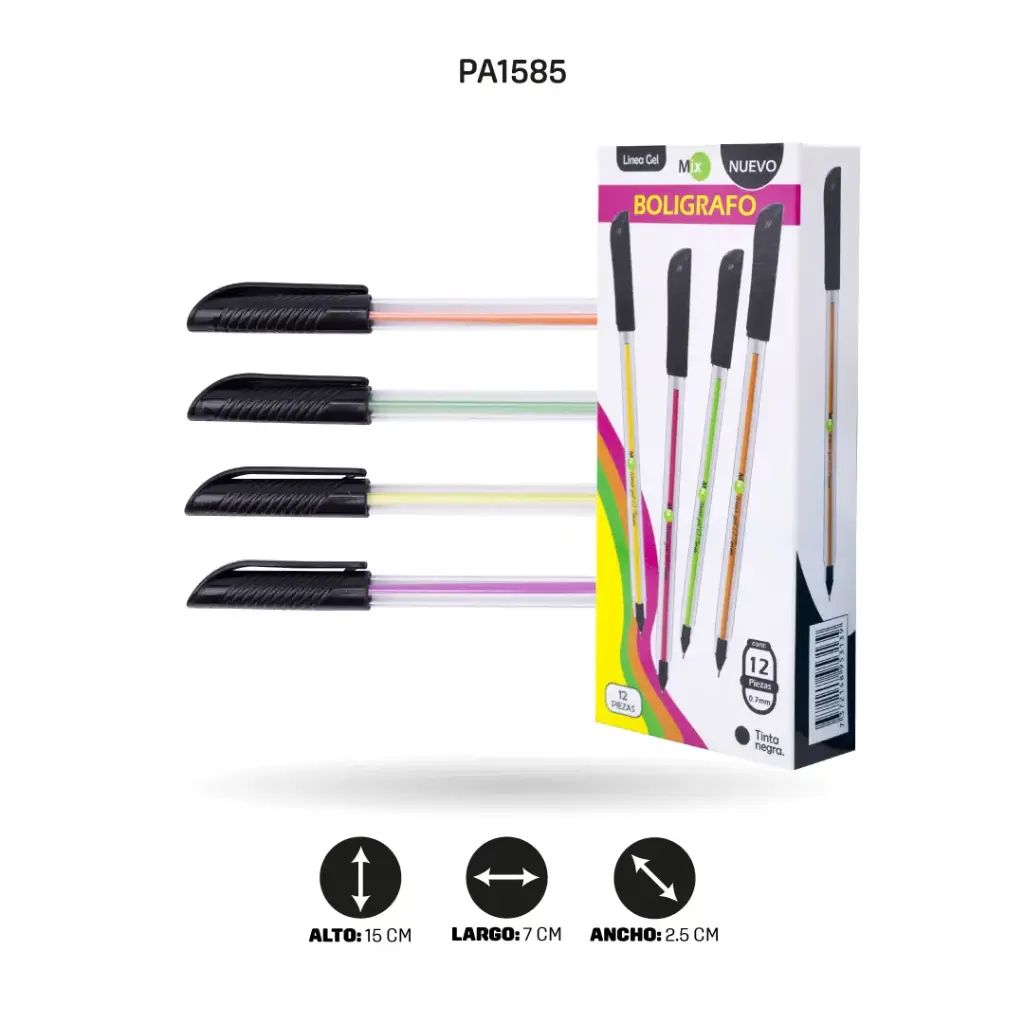 BOLIGRAFO MIX LINEA GEL 0.7 REDONDO DISPLAY X12 TINTA NEGRA CON MINA DE COLORES (PAC1585) [PAC1585]