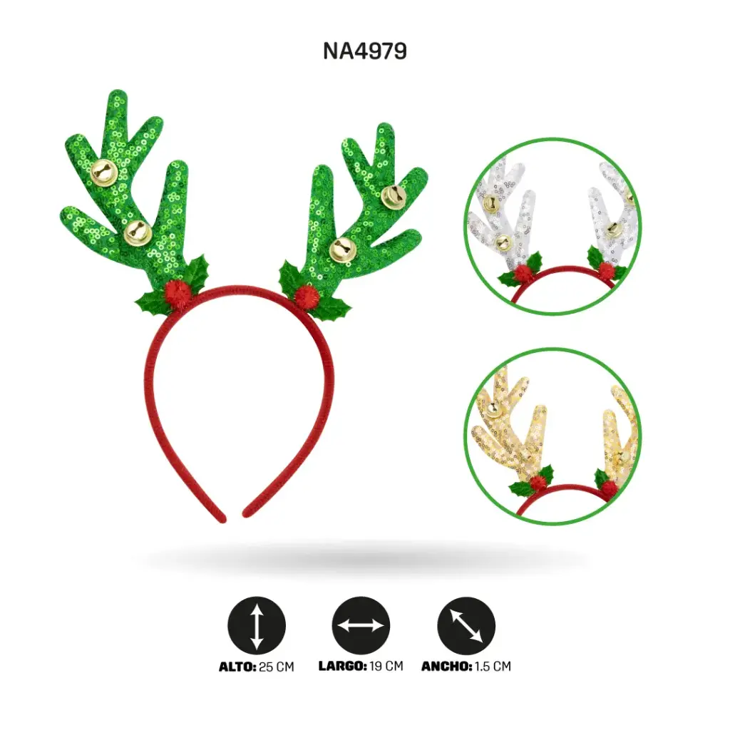 DIADEMA DE NAVIDAD CON ASTAS Y CASCABEL -3 BOX/12 [PAC4942]