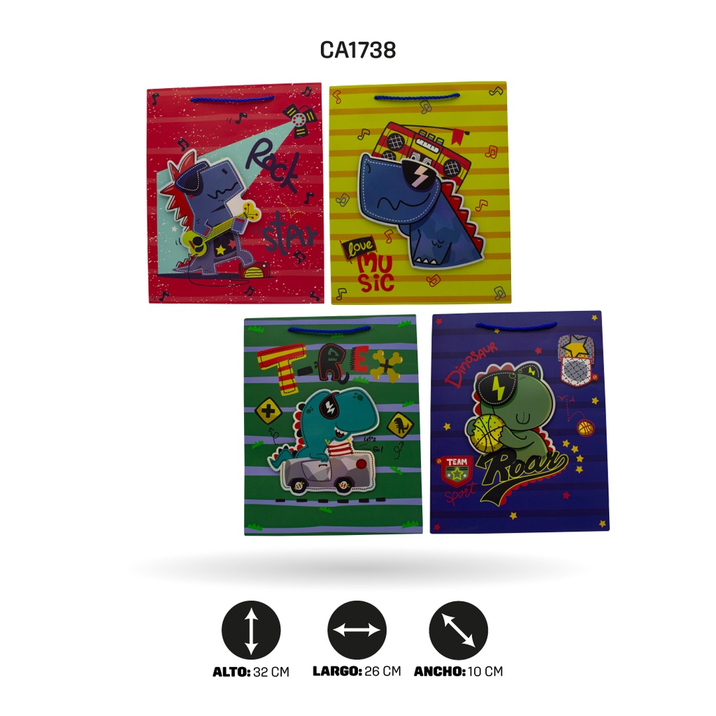 BOLSA REGALO 3D, DINOSAURIO 26x32x10cm 210grsYM-1936-M DINOSAURIO [PAC5151] DISPLAY X 12
