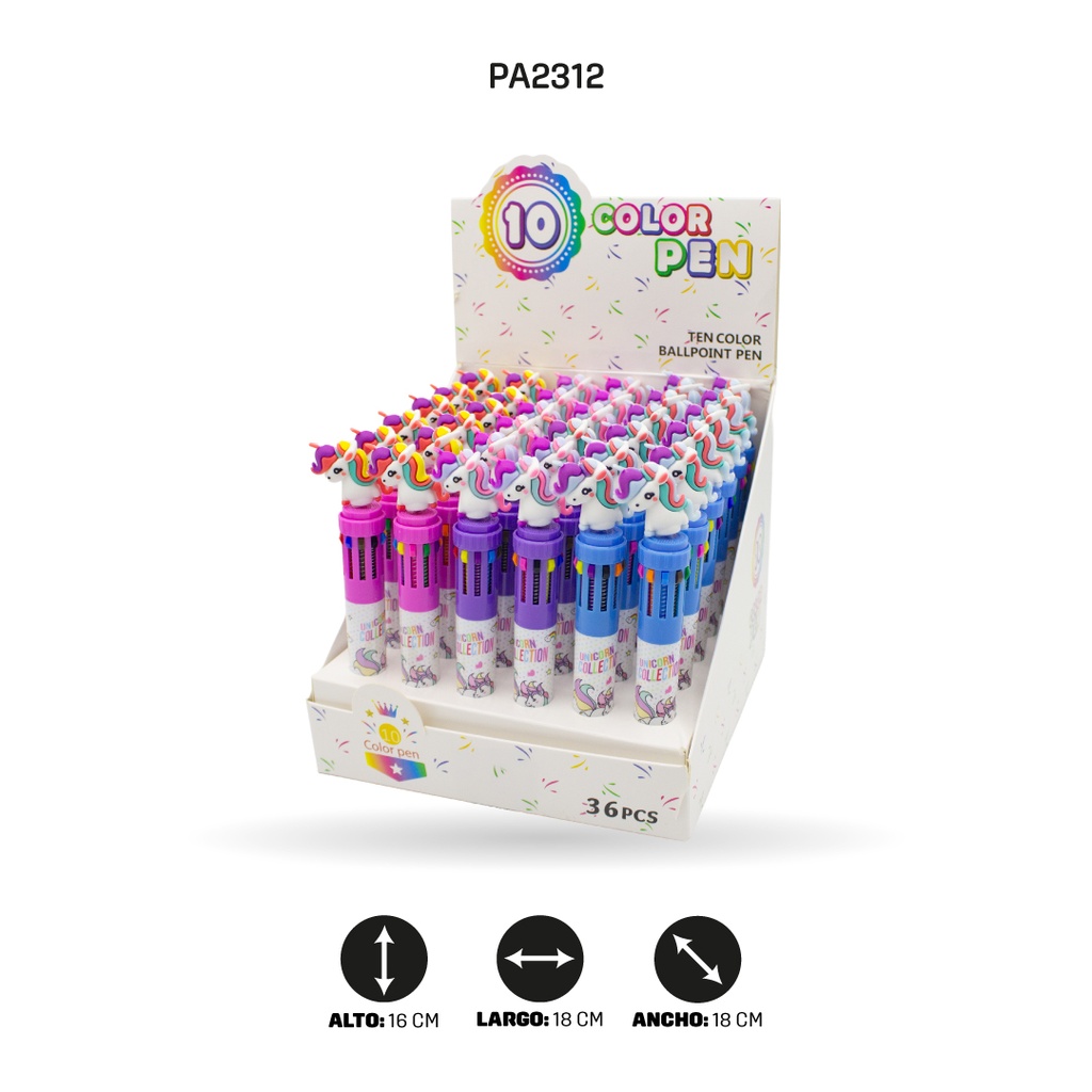 BOLIGRAFO DE UNICORNIO MINA DE 10 COLORES QM-910 DISPLAY X36 UND [PAC4580]