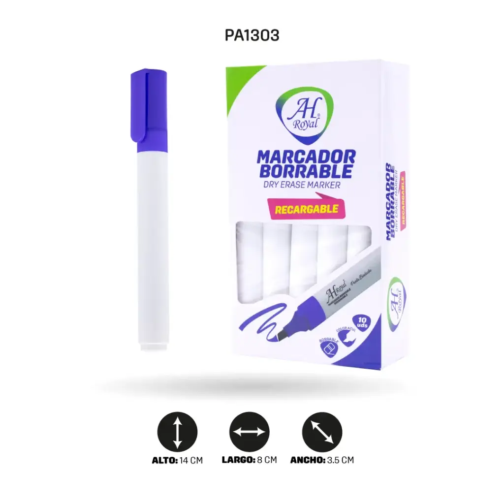 MARCADOR AH ROYAL BORRABLE AZUL RECARGABLE X 10 UND [PA1303]