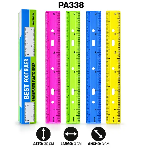 [PA338] REGLA PLASTICA COLORES SURTIDOS X 30CM DISPLAY X 48 [PAC60013-338-PAC30022-338]