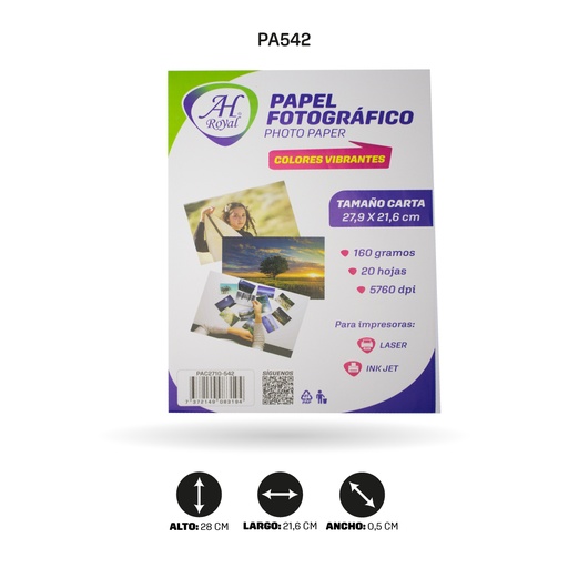 [PA542] PAPEL FOTOGRÁFICO AH ROYAL CARTA 160GRAMOS X 20 HOJAS [PAC2710-542][PAC7337]