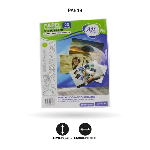 [PA546] PAPEL FOTOGRAFICO BRILLANTE AH ROYAL CARTA 200GRS X20 HOJAS [PAC2712-546]