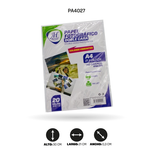 [PA4027] PAPEL FOTOGRAFICO AHROYAL A4 DOBLE CARA 140GRS X 20 HOJAS [PAC3621-4027]