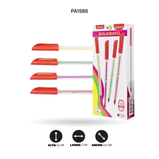 [PA1586] BOLIGRAFO MIX LINEA GEL 0.7 REDONDO X12 TINTA ROJA CON MINA DE COLORES X 12 (PAC1586) [PAC1586]