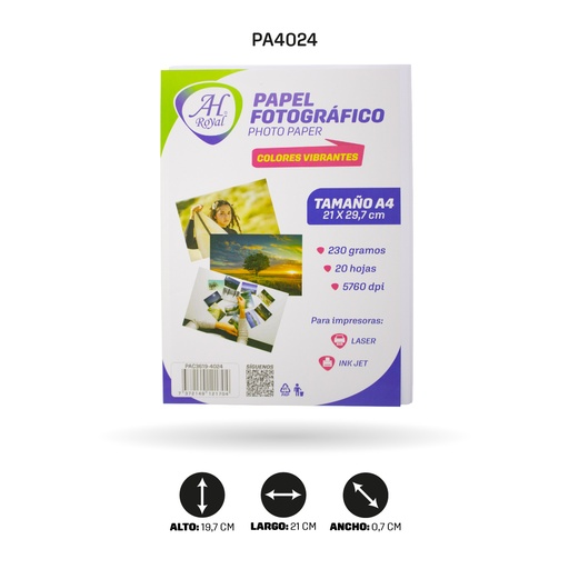 [PA4024] PAPEL FOTOGRAFICO AH ROYAL A4 230 GRA X20 HOJAS [PAC3619-4024]