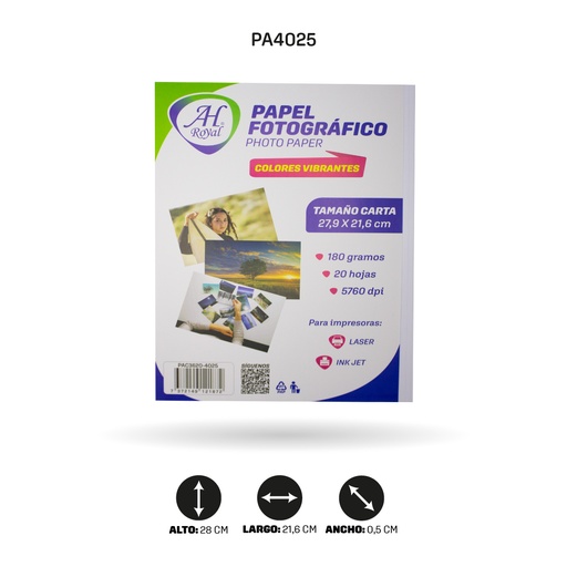 [PA4025] PAPEL FOTOGRÁFICO AH ROYAL CARTA 180 GRAMOS X 20 HOJAS X [PAC3620-4025][PAC7336]