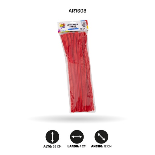 [AR1608] CHELINES DE FELPA COLORES ROJO A028 BOLSA X100 [PAC4322]