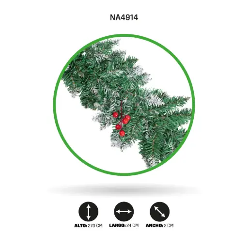 [NA4914] GUIRNALDA DE NAVIDAD CON NIEVE Y CEREZOS 270cm - 24cm - 200 PIN [PAC5248]