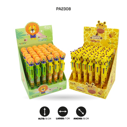 [PA2308] BOLIGRAFO DE JIRAFA Y LEÓN, MINA DE 6 COLORES HJ-9933/933 LEON-GIRAFA DISPLAY X 36 [PAC4577]