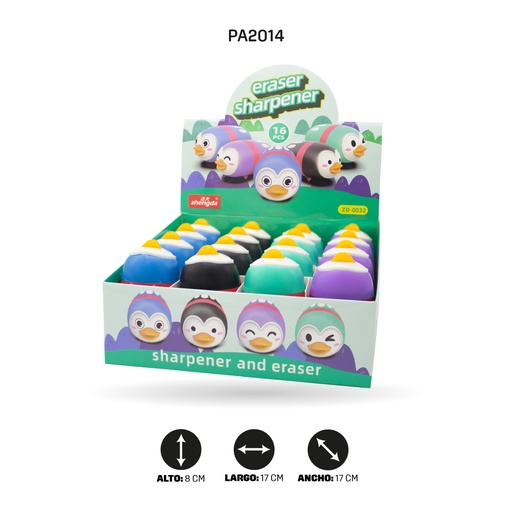 [PA2014] SACAPUNTA  PINGUINO DOBLE CON BORRADOR  ZD-0032 [PAC5470] DISPLAY X 16