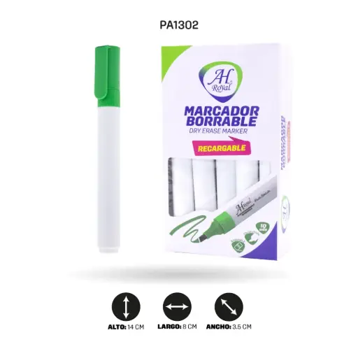 [PA1302] MARCADOR AH ROYAL BORRABLE VERDE RECARGABLE  DISPLAY X 10 UND [PA1302]