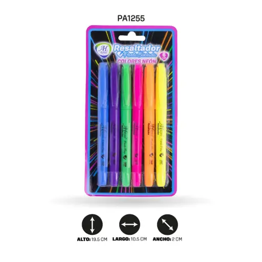 [PA1255] RESALTADOR AH ROYAL PUNTA BISELADA COLOR NEÓN  SET X 6 UND [PA1255]